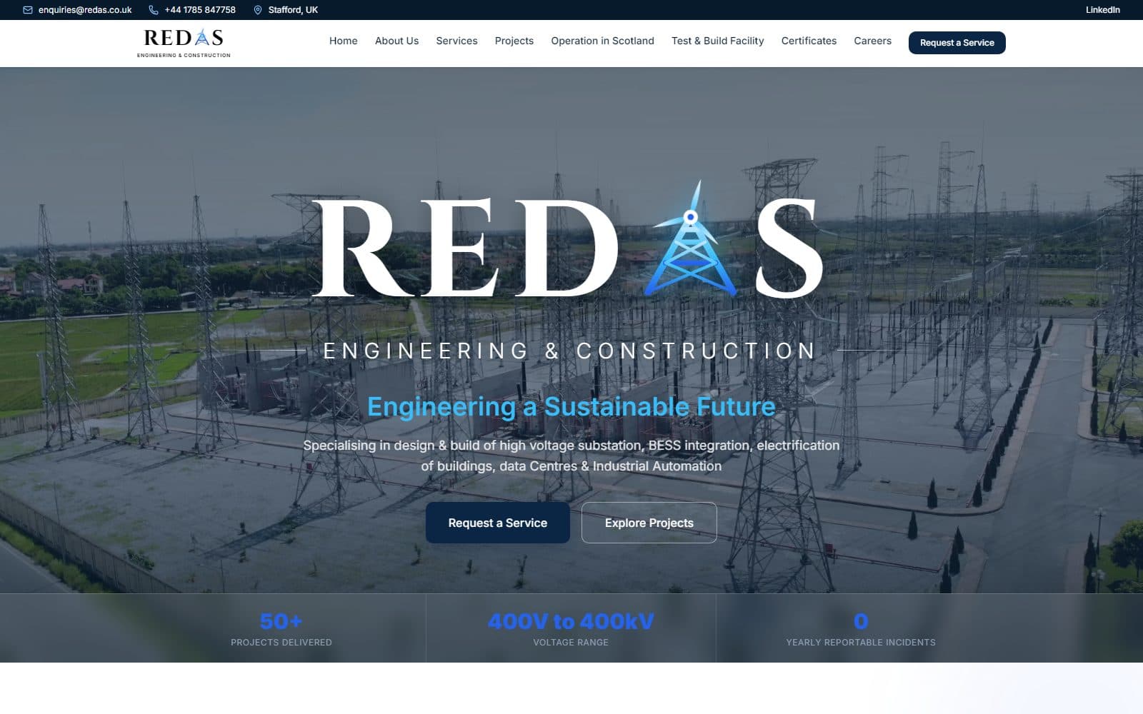 REDAS Engineering & Construction โ A complete company website for a UK high-voltage engineering and construction firm, with an easy admin panel to manage content, projects and enquiries.